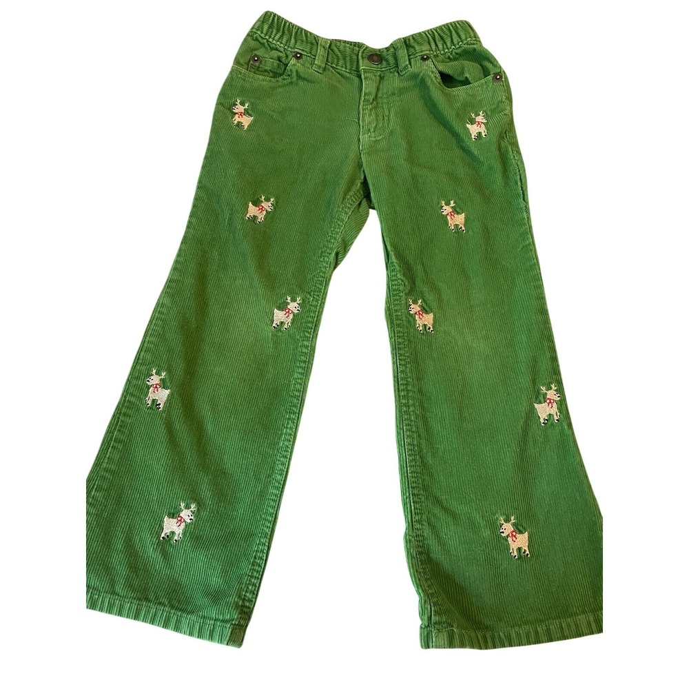 Lands End Kids Embroidered Reindeer Green Corduroy Pants Size 4 Girls Christmas